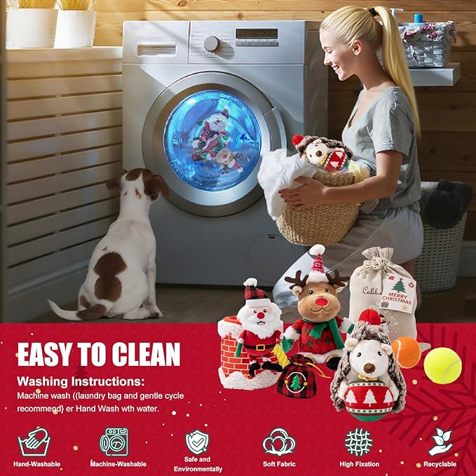 Christmas Dog Toy Set, 5 Pack Plush & Balls with Gift Bag – Reindeer, Santa, Hedgehog & Tennis Balls, Squeaky Durable Toys for Small Medium Dogs, Holiday Pet Gift Bundle