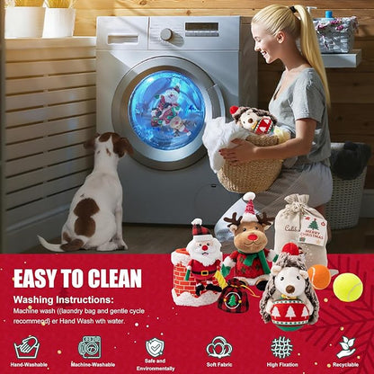 Christmas Dog Toy Set, 5 Pack Plush & Balls with Gift Bag – Reindeer, Santa, Hedgehog & Tennis Balls, Squeaky Durable Toys for Small Medium Dogs, Holiday Pet Gift Bundle