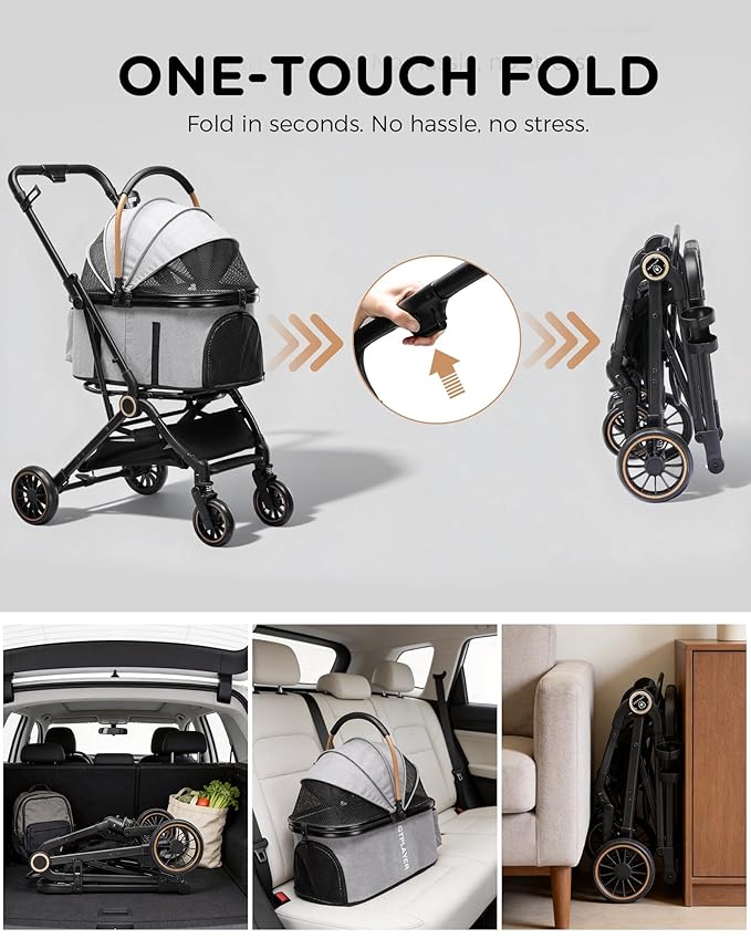 GTPLAYER 3 in 1 Pet Stroller with Removable Carrier, Foldable Stroller for Small/Medium Dogs and Cats, All-Terrain, with Sun Shades, Car Seat, Up to 45 lbs, Grey