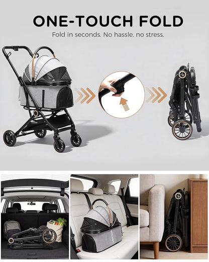 GTPLAYER 3 in 1 Pet Stroller with Removable Carrier, Foldable Stroller for Small/Medium Dogs and Cats, All-Terrain, with Sun Shades, Car Seat, Up to 45 lbs, Grey