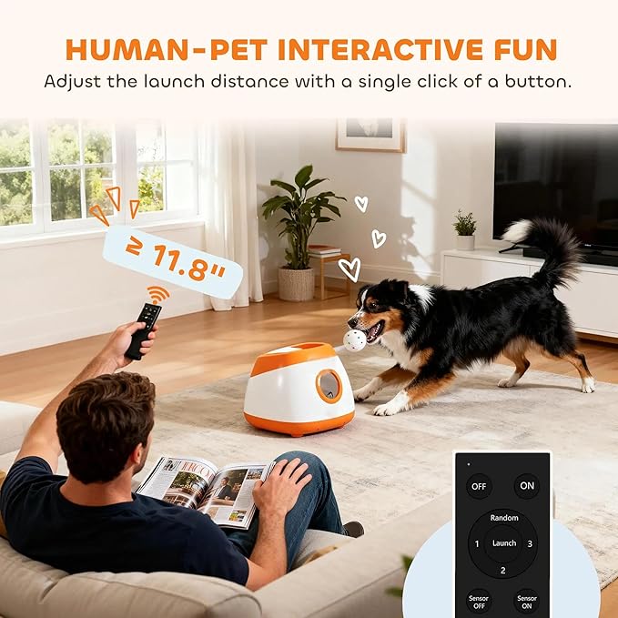 Automatic Dog Ball Launcher for Indoor and Outdoor Play – Adjustable Distance, Quiet Operation, Long-Lasting Battery, Remote Control Included