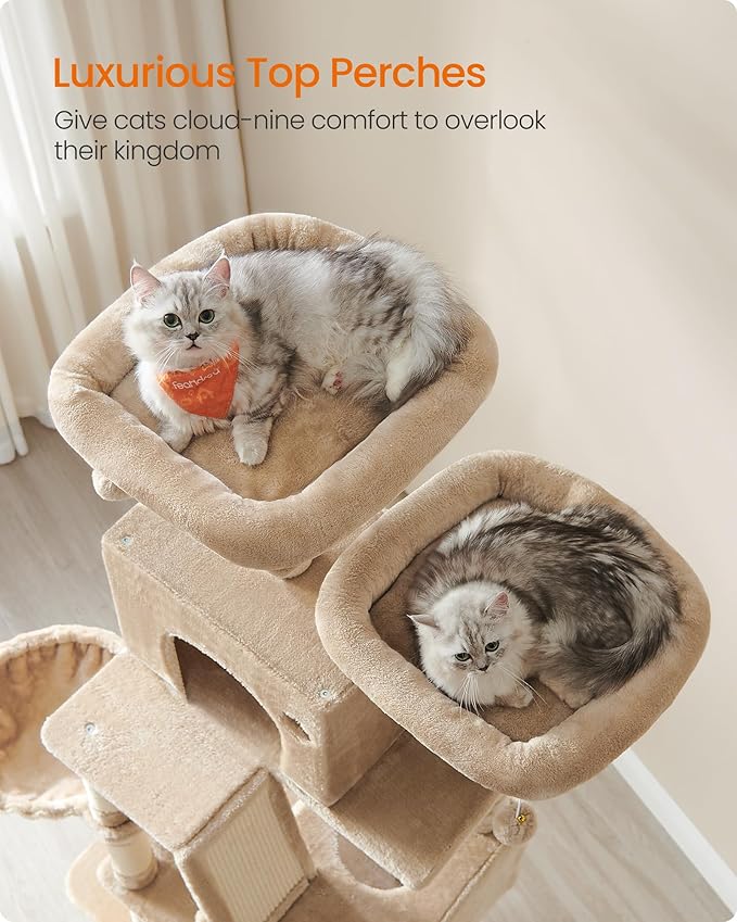 Feandrea Cat Tree, 81.1-Inch Large Cat Tower, Multi-Level Plush Condo with 13 Scratching Posts, 2 Perches, 2 Caves, Basket, Hammock, Pompoms, Camel Brown UPCT190K01