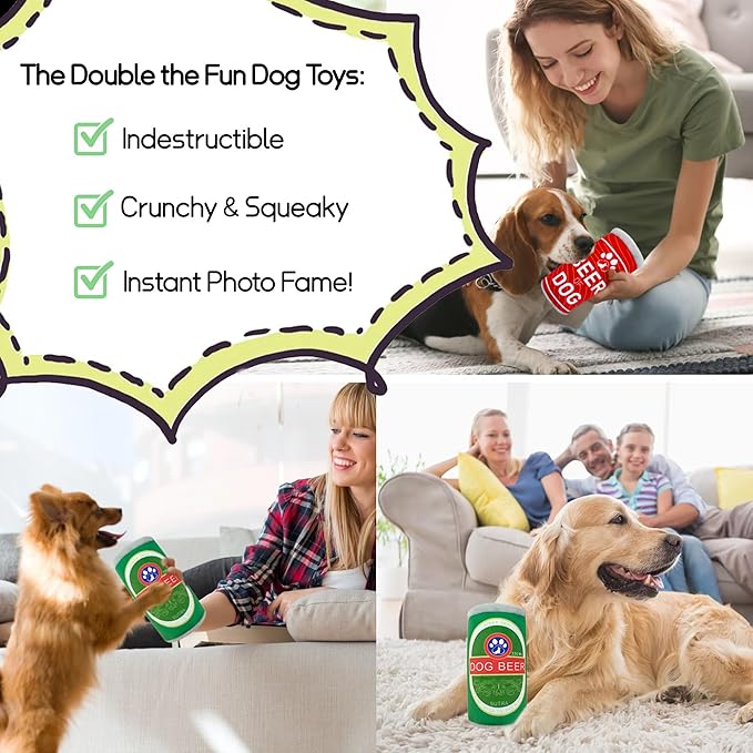 Squeaky Plush Dog Toys 2 Pack - Funny Beer Puppy Toys with Squeaker for Small Medium Large Dogs, Soft Stuffed Chew Toys for Birthday Gifts(Red&Green)
