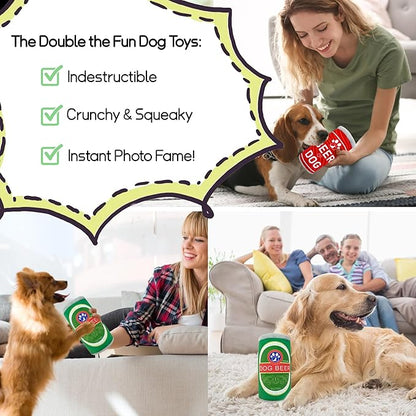 Squeaky Plush Dog Toys 2 Pack - Funny Beer Puppy Toys with Squeaker for Small Medium Large Dogs, Soft Stuffed Chew Toys for Birthday Gifts(Red&Green)