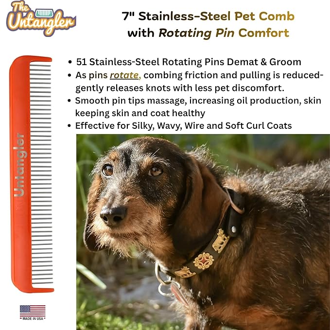 Pet comb for easy mat removal - silky smooth rotating teeth untangles without causing pain to pets (7", Orange Coral)
