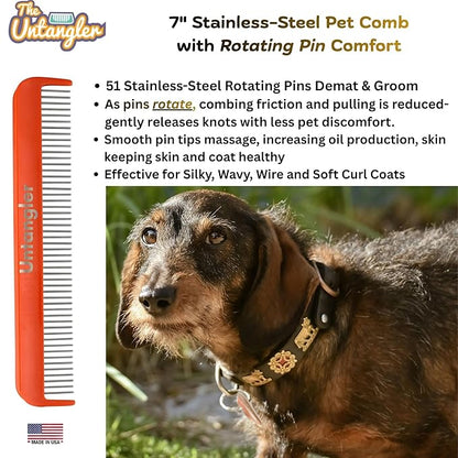 Pet comb for easy mat removal - silky smooth rotating teeth untangles without causing pain to pets (7", Orange Coral)