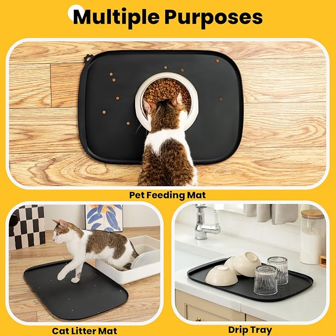 Silicone Dog Food Mat with Side Pocket & Hook Hole, Soft Raised Edges, Easy Clean Waterproof Non-Slip Pet Feeding Mat for Cats and Dogs Water Bowl, Pets Accessories(18"x12",Black)