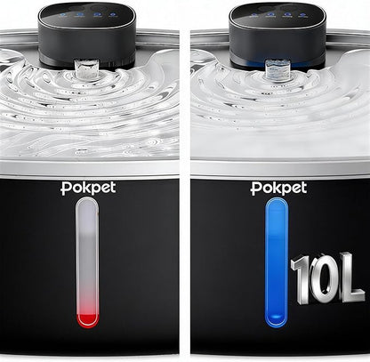 Water Fountain for Dogs Cats Stainless Steel 10L/2.64Gal Wireless Smart Automatic Water Dispenser Cordless Quiet Bowl Multi-Filtered Multi-Pet Home Outdoor -Wireless Black&1Filters