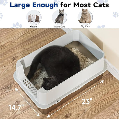 TENTIZON Stainless Steel Cat Litter Box with Lid, Large Covered Enclosed Kitty Litterbox with Hood, Flip Top, High Side, Litter Mat, Scoop for Big Cats, Kitten, No Odor, No Mess, Easy Clean, Grey