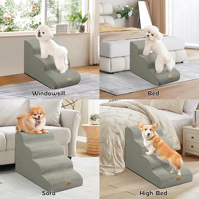Mestuel Dog Stairs for Small Dogs Cats, Small Pet Stairs Steps, Foam 5-Tier Pet Stairs Steps for Couch Sofa, Dog Ramp Ladder Indoor with Nonslip Bottom &Washable Cover, Beige