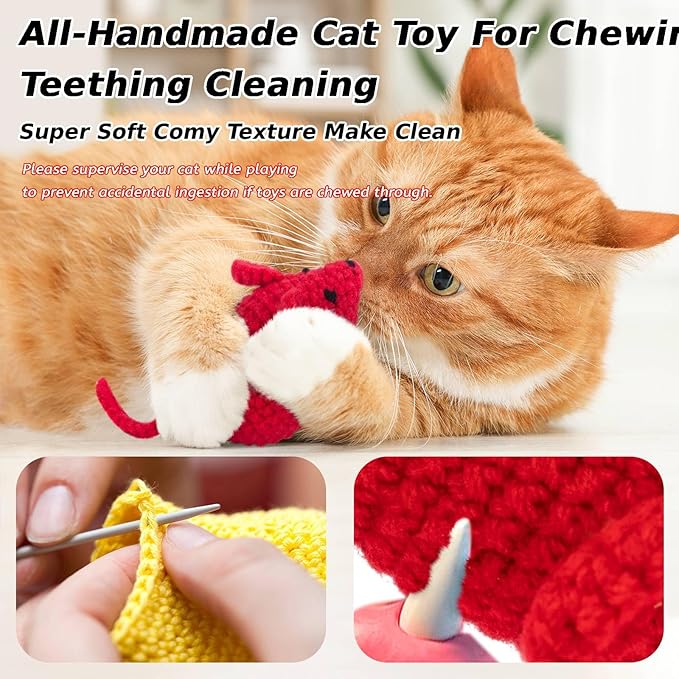 Retro Shaw Catnip Toys Crochet Mouse 6 Pcs - 100% Natural Catnip & Silvervine Blend Yarn Cat Nip Mice, Durable Hand-Knitted Teething Chew Toy for Indoor Cats & Kittens, Interactive Play & Dental Care
