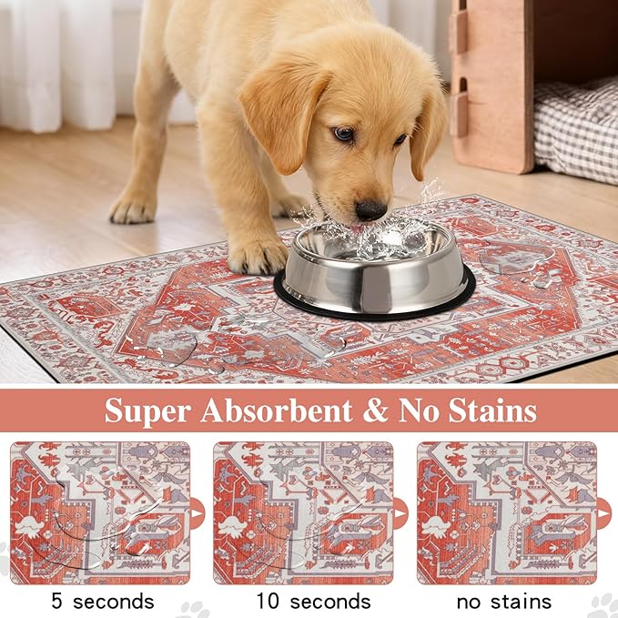 famibay Dog Food Mat, Absorbent Cat Dog Mats for Food and Water, No Stains Quick Dry Pet Cat Bowl Mats with Non Slip Backing, Boho Pet Feeding Mat for Floor Waterproof 16"x24"