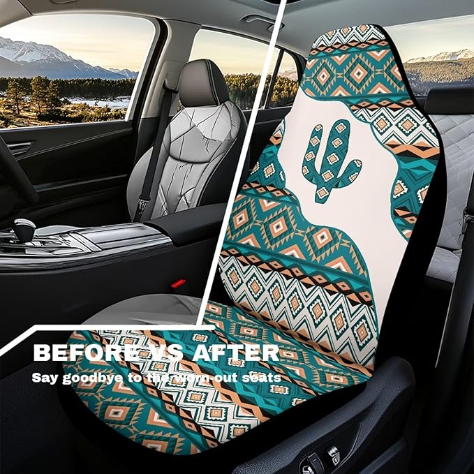 Car Accessories Car Seat Covers for Women Men Breathable Green Aztec Cactus Front Seat Cover All-Season Protection Universal Fit Trucks SUV Van Fashion Auto Interior