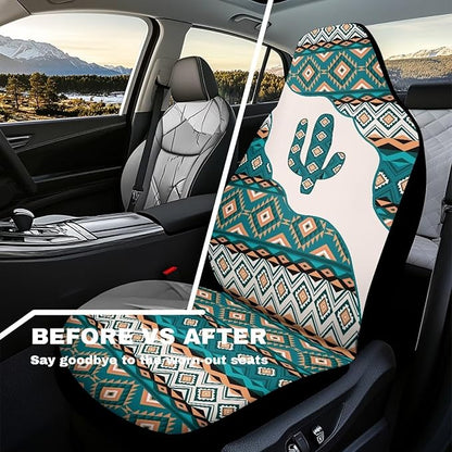 Car Accessories Car Seat Covers for Women Men Breathable Green Aztec Cactus Front Seat Cover All-Season Protection Universal Fit Trucks SUV Van Fashion Auto Interior