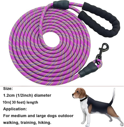 MayPaw 30ft Long Dog Leash, 6/8/10/15/20/30 FT Dog Lead Recall Training, Soft Padded Handle Thick Nylon Rope Leash for Large Medium Dogs Pets (30ft * 1/2", Purple)