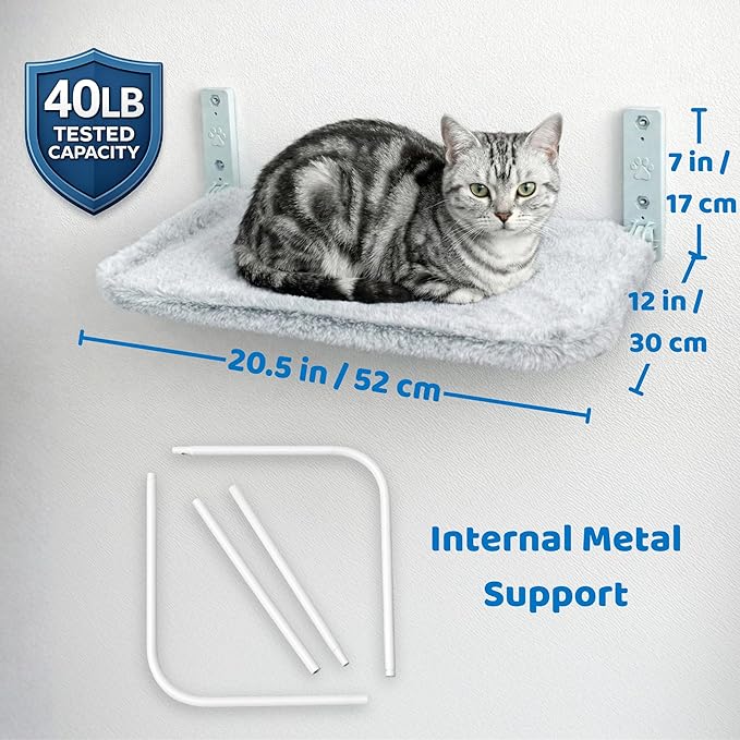 Cat Wall Bed with Ultra-Soft Plush Cover, Foldable Cat Wall Hammock, Shelf Bed with 40 lb Metal Support, Removable Washable Hammock, Hardware for Drywall, Stud & Concrete