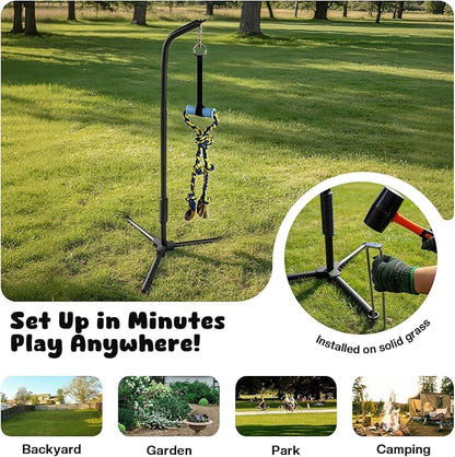 Adjustable Tug of War Dog Toy with 3 Tether Tug Toys, Outdoor Dog Spring Pole Rope Toy with Tripod Base & U-stakes, Hands-free Outdoor Dog Toys for Large Dogs, Interactive Dog Tetherball for Yard