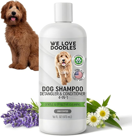 Dog Shampoo, Conditioner & Detangler - Best Shampoo for Goldendoodles, Poodles & Doodles Pet Hair - Hypoallergenic, Tearless, Sensitive Skin for Puppies & All Dog Breeds - Made in USA,16OZ (Unscented)
