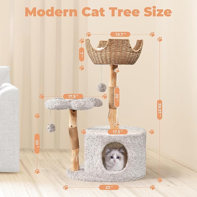 Easyego Modern Cat Tree, 39.3" Aesthetic Wood Cat Tree Tower for Large Cats, Luxury Cat Condo with Scratching Posts and Flower Platforms, Cat Furniture, Bullet Gray