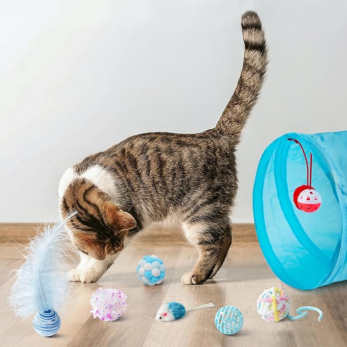 MALLMALL6 Cat Toy Set Interactive Cat Toys 11Pcs Pack with Foldable Tunnel, Feather Teaser Wand, Springs, Mice, Crinkle Balls & Pet Bell Balls - Puzzle Toys for Indoor Cats - Gift (Blue)
