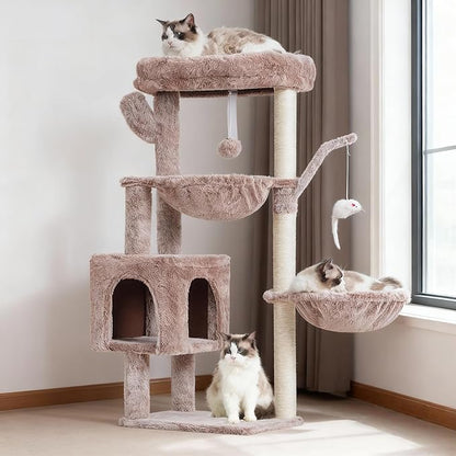 Heybly Cat Tree, 39.4 Inches Tower Condo with Scratching Post, Cat Tower for Indoor Cats, Fully Wrapped Sisal Pole, Soft Platform, 2 Baskets and Dangling Toy, Muchroom HCT006SMU