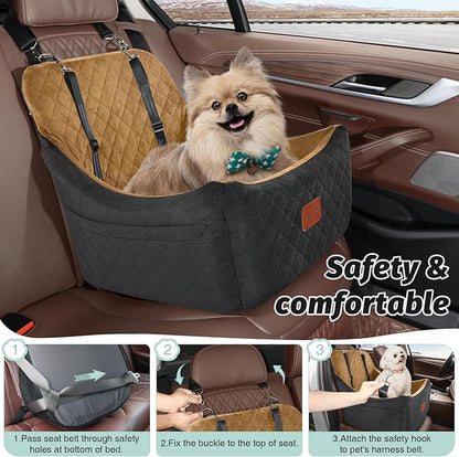 Lealchum Dog Booster Car Seat for Medium Dogs Up to 40lbs Pets,Easy to Install,Fully Detachable and Washable,Anti-Slip Base,Snug Puppy Car Seat with 2 Clip-On Leashes(Black/Coffee,Medium)