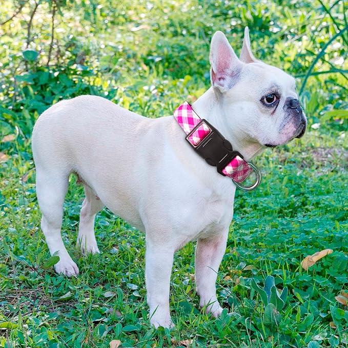 Reflective Dog Collar Padded with Soft Neoprene Breathable Adjustable Nylon Dog Collars for Small Medium Large Dogs (Large (Pack of 1), Pink Plaid Collar+Leash)