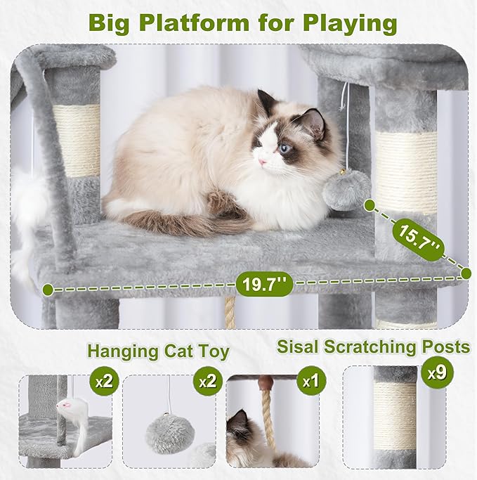 Cat Tree, Cat Tower for Large Cats with 2 Big Platforms, 2 Baskets, condo and Toys, 63" Cat Scratching Posts for Indoor Cats, Light Gray GCT020W