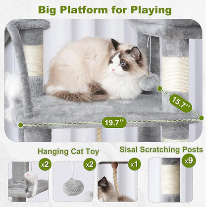 Cat Tree, Cat Tower for Large Cats with 2 Big Platforms, 2 Baskets, condo and Toys, 63" Cat Scratching Posts for Indoor Cats, Light Gray GCT020W