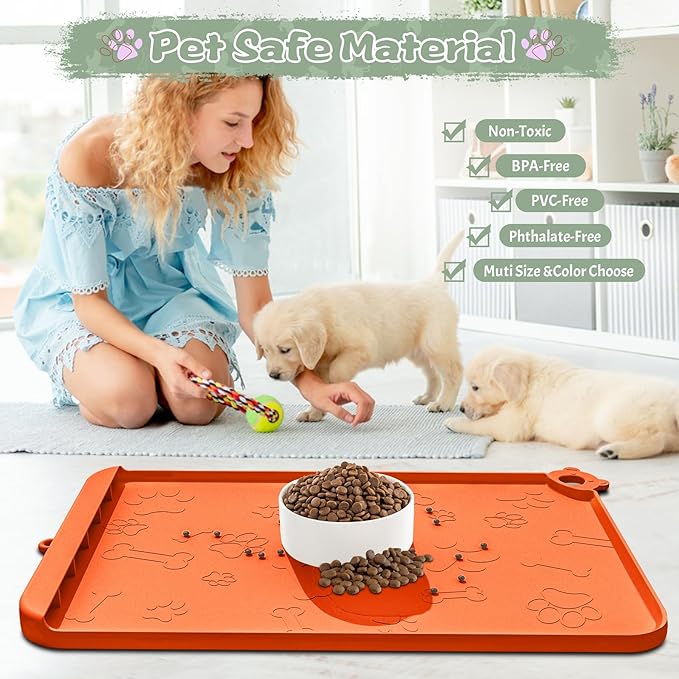 Dog Food Mat, Silicone Dog Mat for Food and Water -Pet Feeding Mats with Residue Collection Pocket, Waterproof Dog Cat Bowl Mats with Raised Edges and Hooks, Placemats for Cats and Dogs Water Bowl