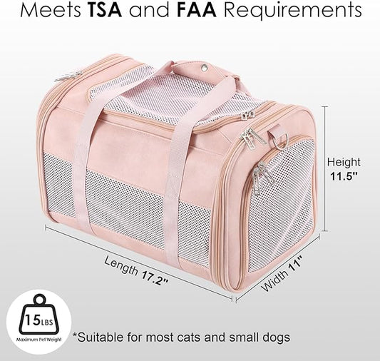 Fashion Leather Dog Carrier, Airline Approved Cat Carrier Soft Sided Pet Bag Carrier Purse for Puppy Kitten Small Animals Pink
