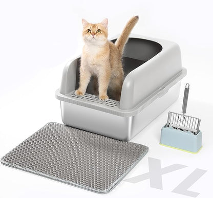 Stainless Steel XXL Cat Litter Box for Big Cats- Metal Extra Large Litter Box with Lid, Include Metal Litter Scoop,Mat. High Sided with Guard Prevent Splashing. No Smell, Always New After Clean.