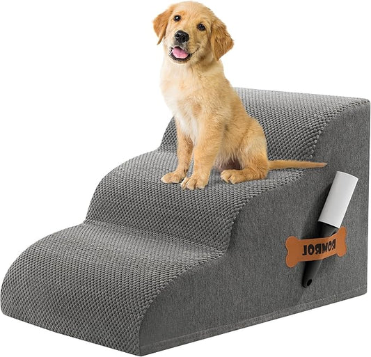 Romrol Dog Stairs Ramp for Small Dogs, 33D Pet Stairs Steps with Durable Non-Slip Waterproof Fabric Cover, Dog Slope Stairs to Bed for Small Dogs and Cats or Pets Joints, 3-Steps