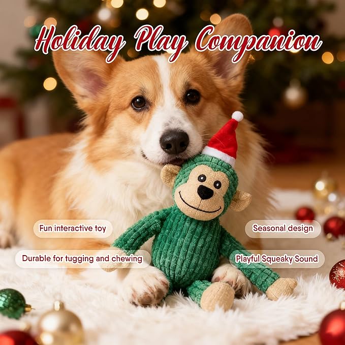 Bow Wow Pet Pixel Monkey with Santa Hat Plush Squeaky Dog Toy