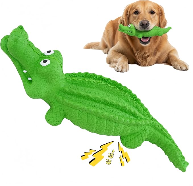 Squeaky Dog Toys for Aggressive Chewers, Dog Chew Toys for Medium and Large Dogs,Tough Alligator Natural Rubber Dog Teething Chew Toy