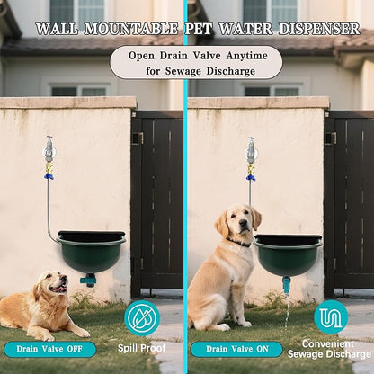 Automatic Dog Water Dispenser with Drain Valve, 1 Gallon Outdoor Auto Water Dog Bowl with Float Valve, Automatic Chicken Waterer with Hose Quick Connector, for Horse, Poultry (Green)