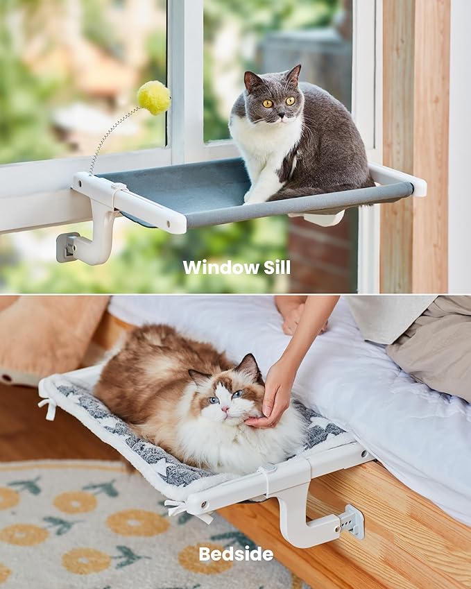 SVD.PET Cat Window Sill Perch with Two Fabrics Cover, Sturdy Metal Frame for Indoor Cats, No Drilling No Suction Cup Installation Cat Hammock Window Bed Seat for Windowsill and Bedside