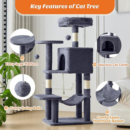 DUMOS Small 44 Inch Cat Tree Tower, Cat Climbing Tower with Natural Sisal Scratching Posts, Hammock, Pet Condo for Indoor Cats and Kittens Play, Dark Grey