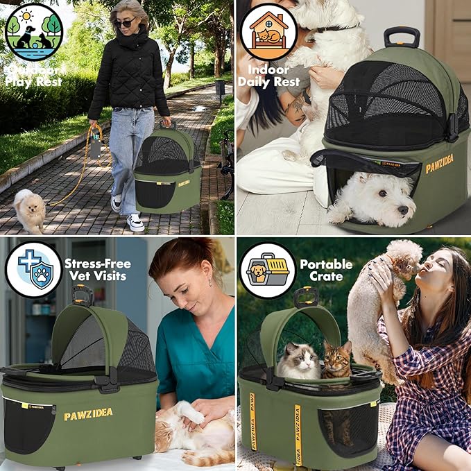 PAWZIDEA Double Pet Stroller with 2 Detachable Carrier, Lightweight Portable Travel Crate & Car Seat Combo & TSA-Approved Expandable Carrier, Foldable Jogger Stroller for 2–4 Cats or Small/Medium Dogs