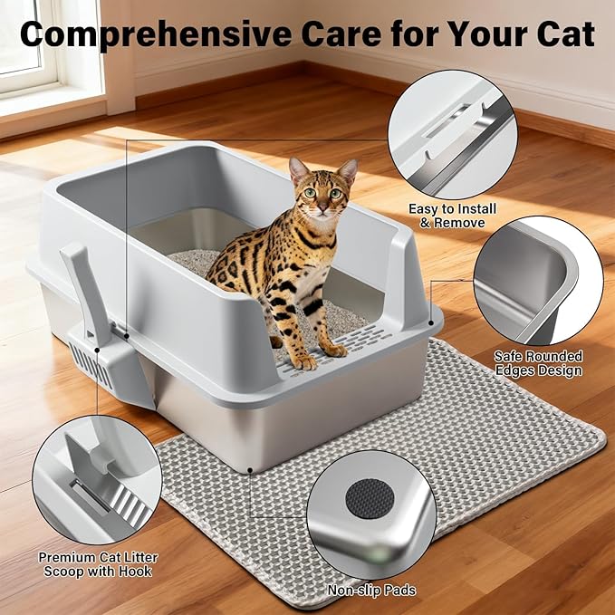 2PACK Stainless Steel Litter Box, Extra Large Cat Litter Boxes for Big Cats, XL Metal Cat Litter Box with High Sides Lid, Anti-Urine Leakage, Non-Sticky, Scoop and Mat Included