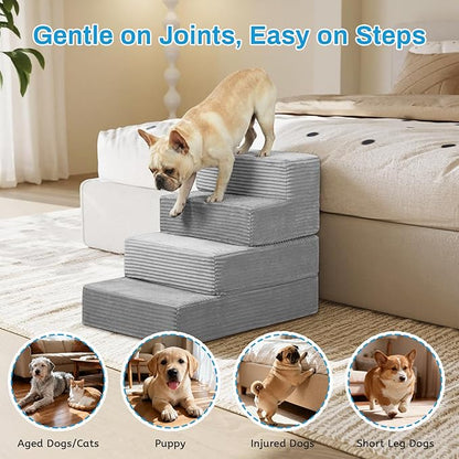 Dog Stairs for Small Dogs, 4 Step Pet Stairs for High Beds and Couch, Dog Steps for Bed Balanced 18" H, Foldable Pet Ramp for Large Cats Climb, Non-Slip Bottom Doggy Step, Light Grey