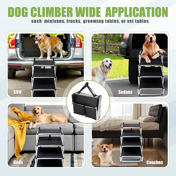 Foldable Dog Stairs with Non-Slip Surface - Portable Aluminum Dog Steps for Trucks, SUVs & Cars - 4 Steps