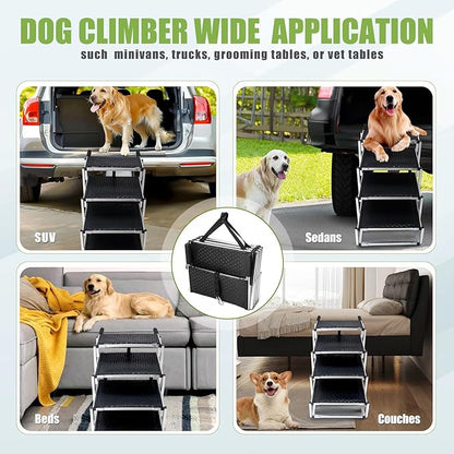 Foldable Dog Stairs with Non-Slip Surface - Portable Aluminum Dog Steps for Trucks, SUVs & Cars - 4 Steps