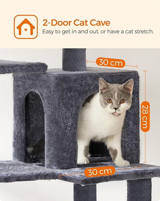 Feandrea Cat Tree, 55.1-Inch Cat Tower, Plush Multi-Level Condo with 4 Scratching Posts, 2 Perches, Hammock, Cave, Smoky Gray UPCT161G01