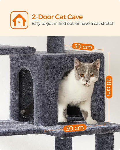 Feandrea Cat Tree, 55.1-Inch Cat Tower, Plush Multi-Level Condo with 4 Scratching Posts, 2 Perches, Hammock, Cave, Smoky Gray UPCT161G01