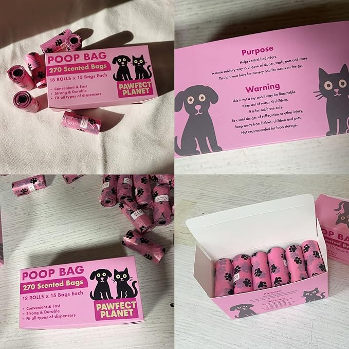 Dog Poop Bags 270 Count Pink, Poop Bags for Dogs, Extra Strong Leak Proof Scented Odor Control Dog Waste Bags, 18 Rolls with Paw Print, Fits Most Dispensers