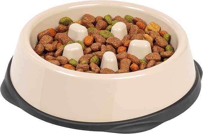 IRIS USA 2-Cup Slow Feeder Bowl, Anti-Choking & Anti-Slip Puzzle Dish for Healthy Digestion, Long Snout Dogs & Cats, BPA & PVC-Free, Beige/Black