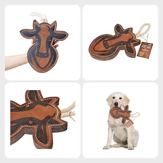Bull Leather Chew Toy for Aggressive Chewers - Extra Thick Wool, Stitched & Real Leather Dog Toy for Small, Medium & Large Dogs - Durable & Safe Chew Toys for Puppies