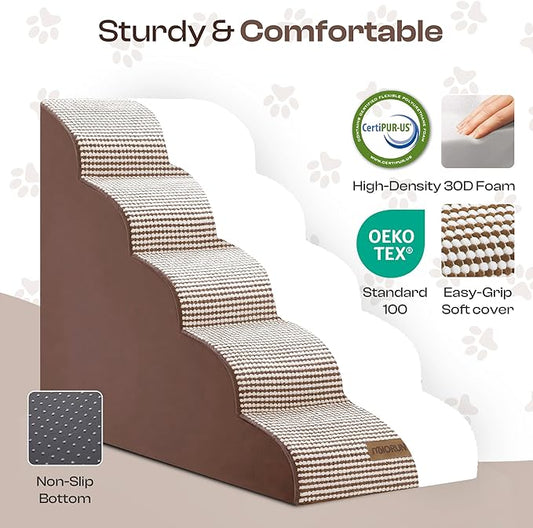 Curved Dog Stairs for High Bed Up to 26", 5-Step Dog Ramp for Small Dogs with Washable Cover, Non-Slip Steps for Cats to Get on Couch and Sofa, Durable Foam Ladder for Medium Breeds, White Coffee