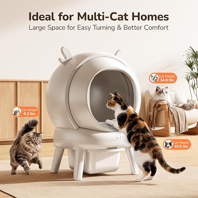 Automatic Self Cleaning Litter Box, Cat Litter Box with APP Control, 65L Globe & Dual Safety Sensors, Robot Litter Box, 1 Roll Garbage Bags and Litter Mat, <35DB, for Multiple Cats, White